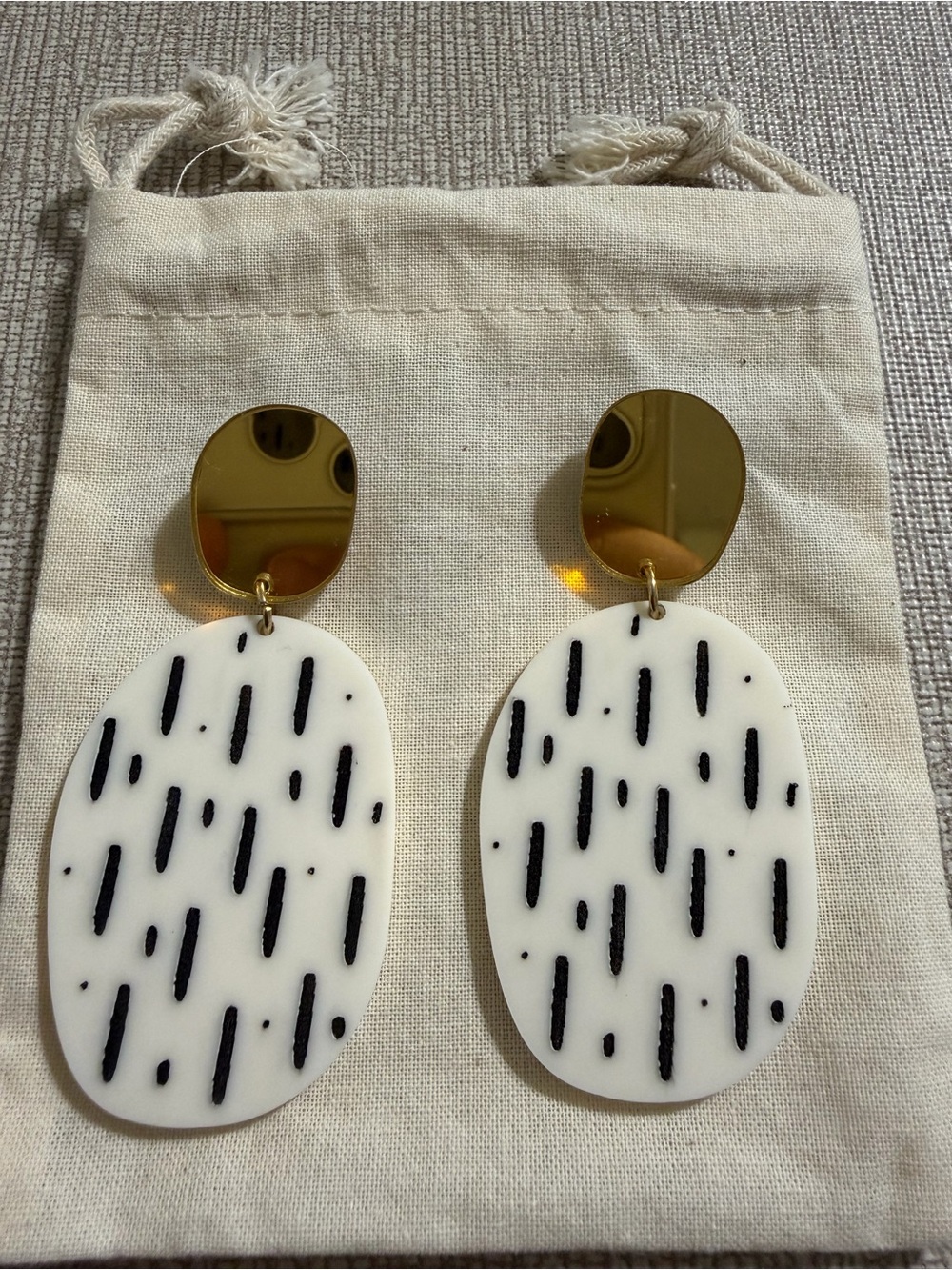 Gold & White Drop Earrings with Black Dashes - Women's Fashion Earrings